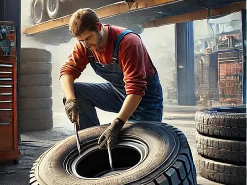 Mecanico prepara rueda de camion para montaje